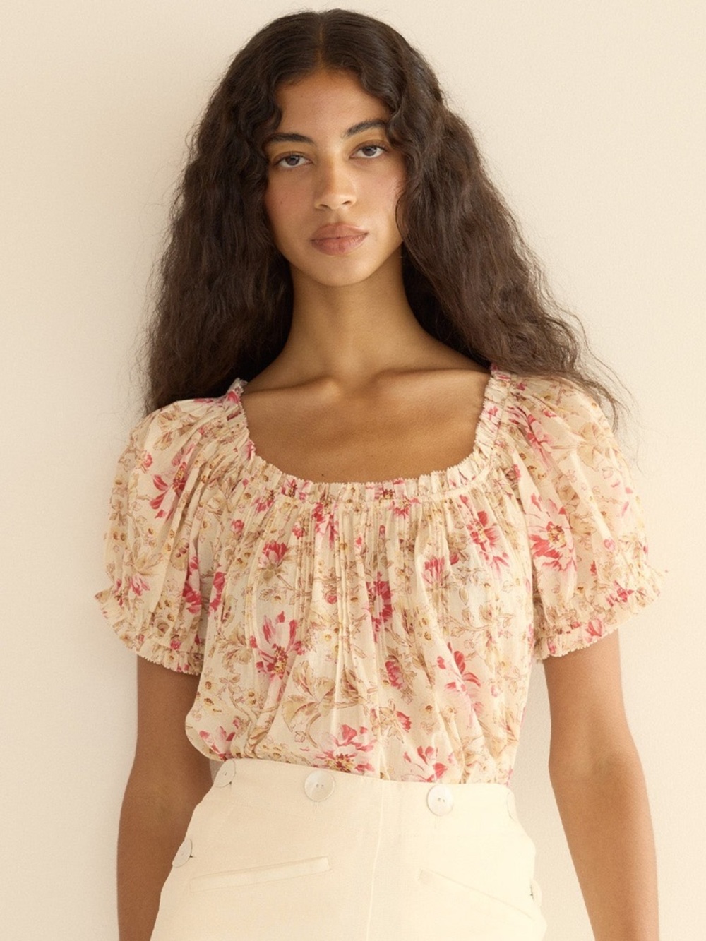 Doen Frederica Cotton Voile Pintuck Ruffle Short Sleeve Top Fleurs De Provence - Picture 2 of 11